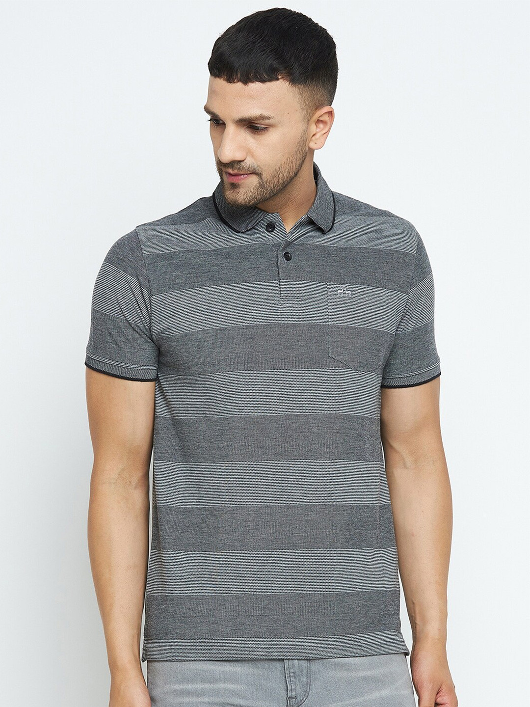

98 Degree North Men Grey Striped Polo Collar T-shirt