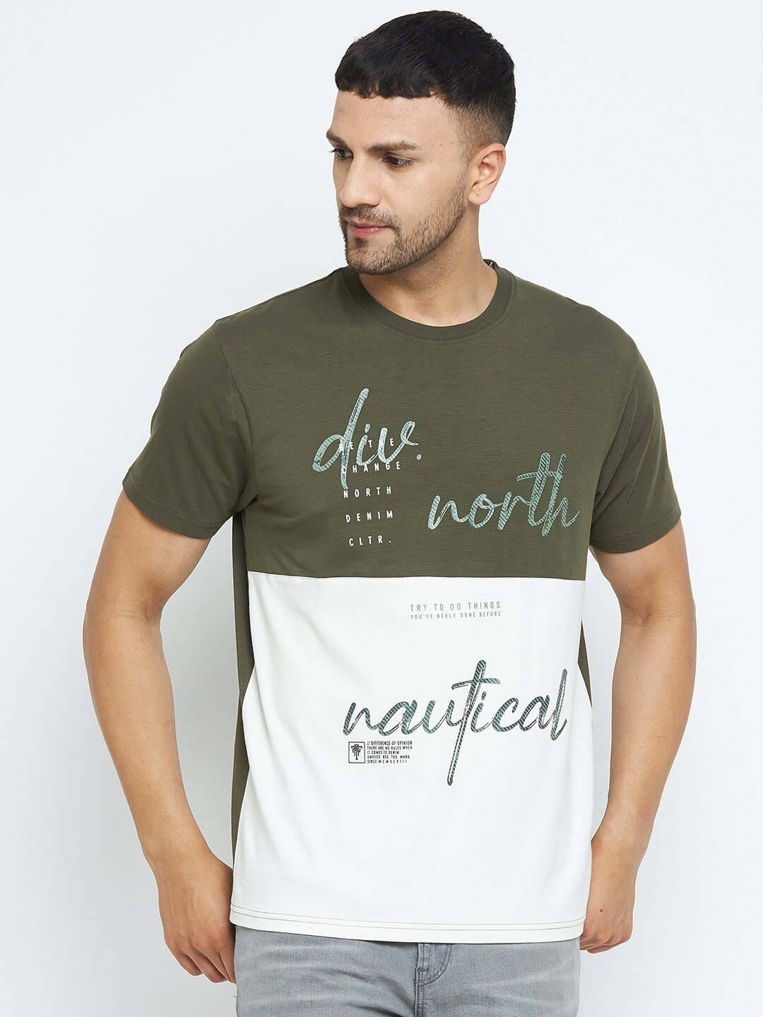 

98 Degree North Men Olive Green & White Typography Colourblocked T-shirt