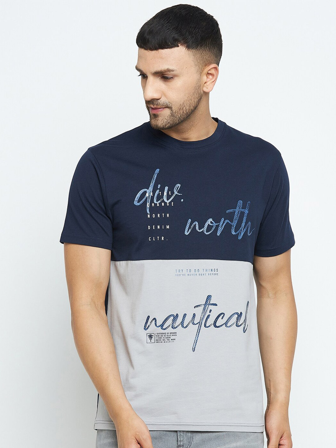 

98 Degree North Men Navy Blue Colourblock Printed T-shirt