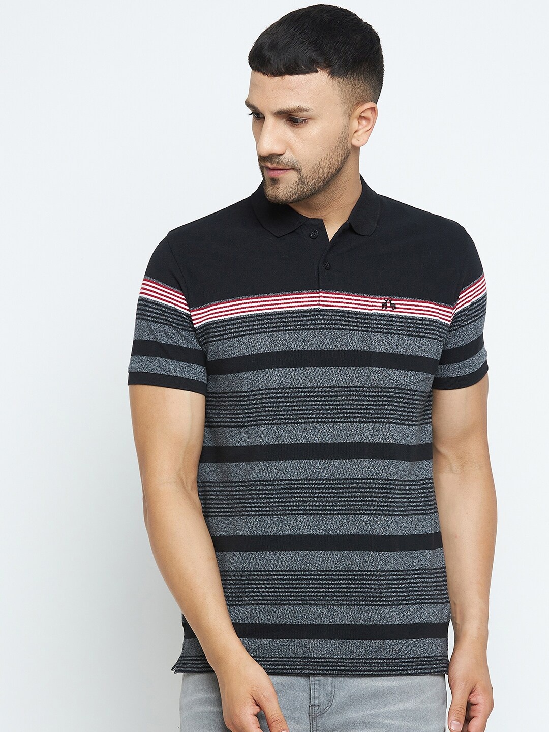 

98 Degree North Men Black Striped Polo Collar T-shirt
