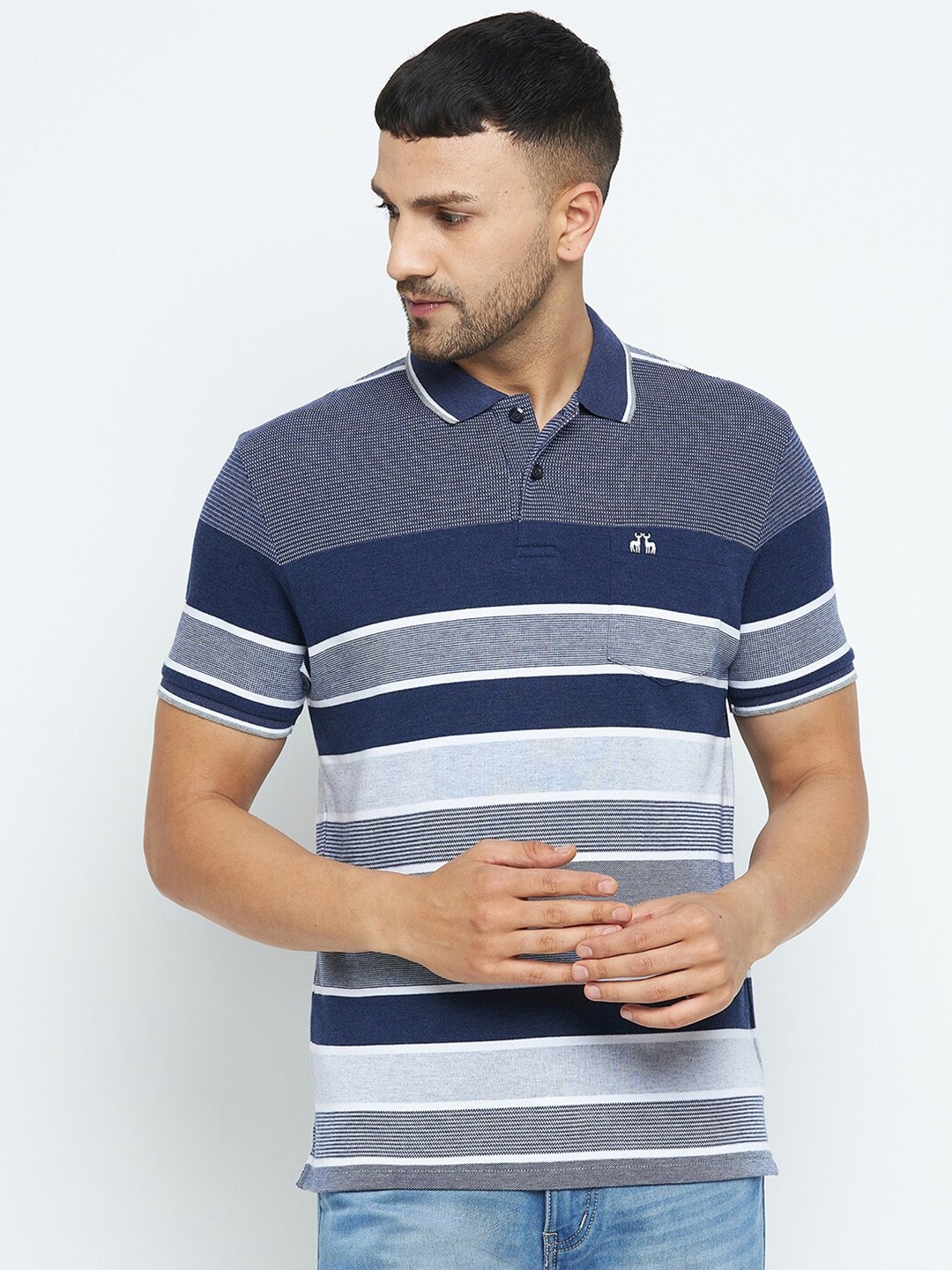 

98 Degree North Men Blue Striped Polo Collar T-shirt