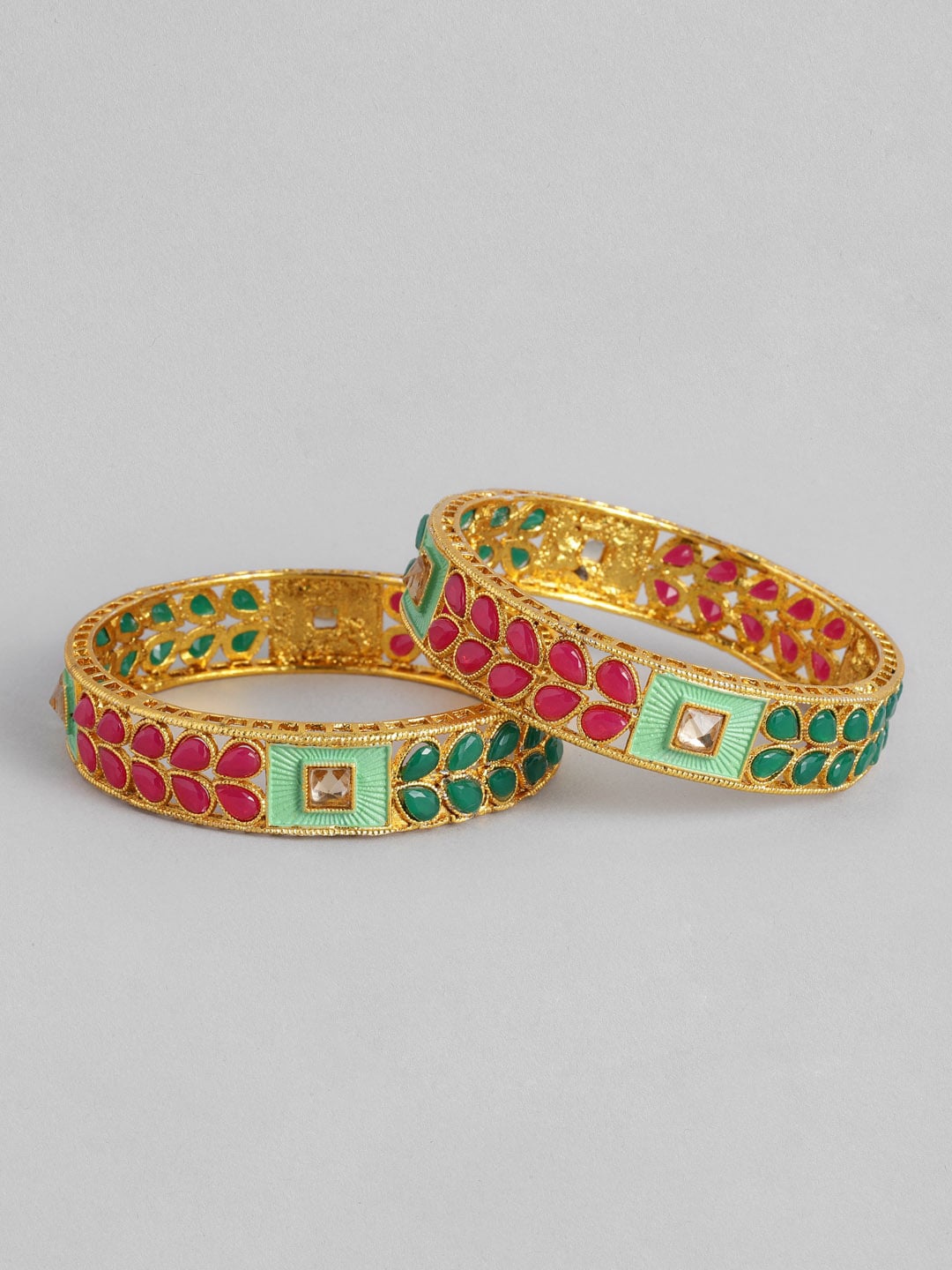 

AccessHer Set Of 2 Gold-Plated Pink & Green Stone-Studded Handcrafted Bangles