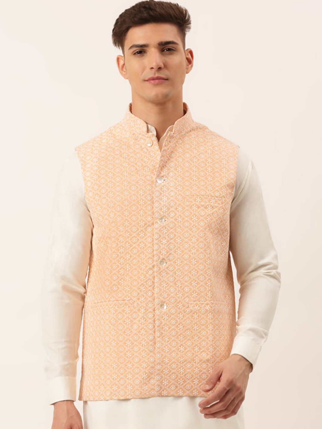 

Jompers Men Orange & White Embroidered Woven Pure Cotton Nehru Jacket