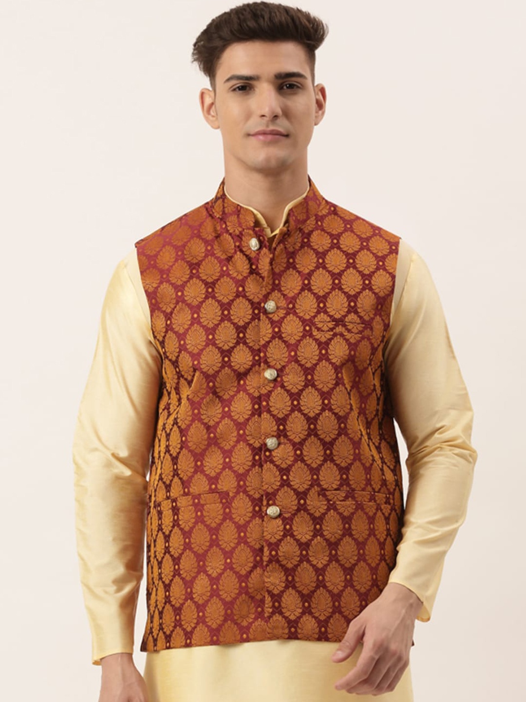 

Jompers Men Maroon & Gold-Coloured Woven Design Nehru Jacket