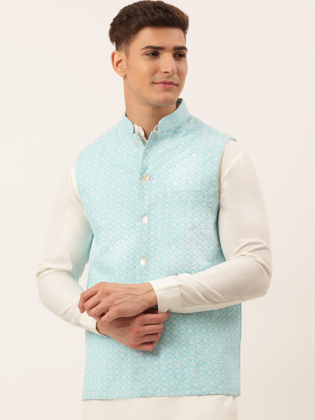 

Jompers Men Turquoise Blue & White Embroidered Woven Pure Cotton Nehru Jacket