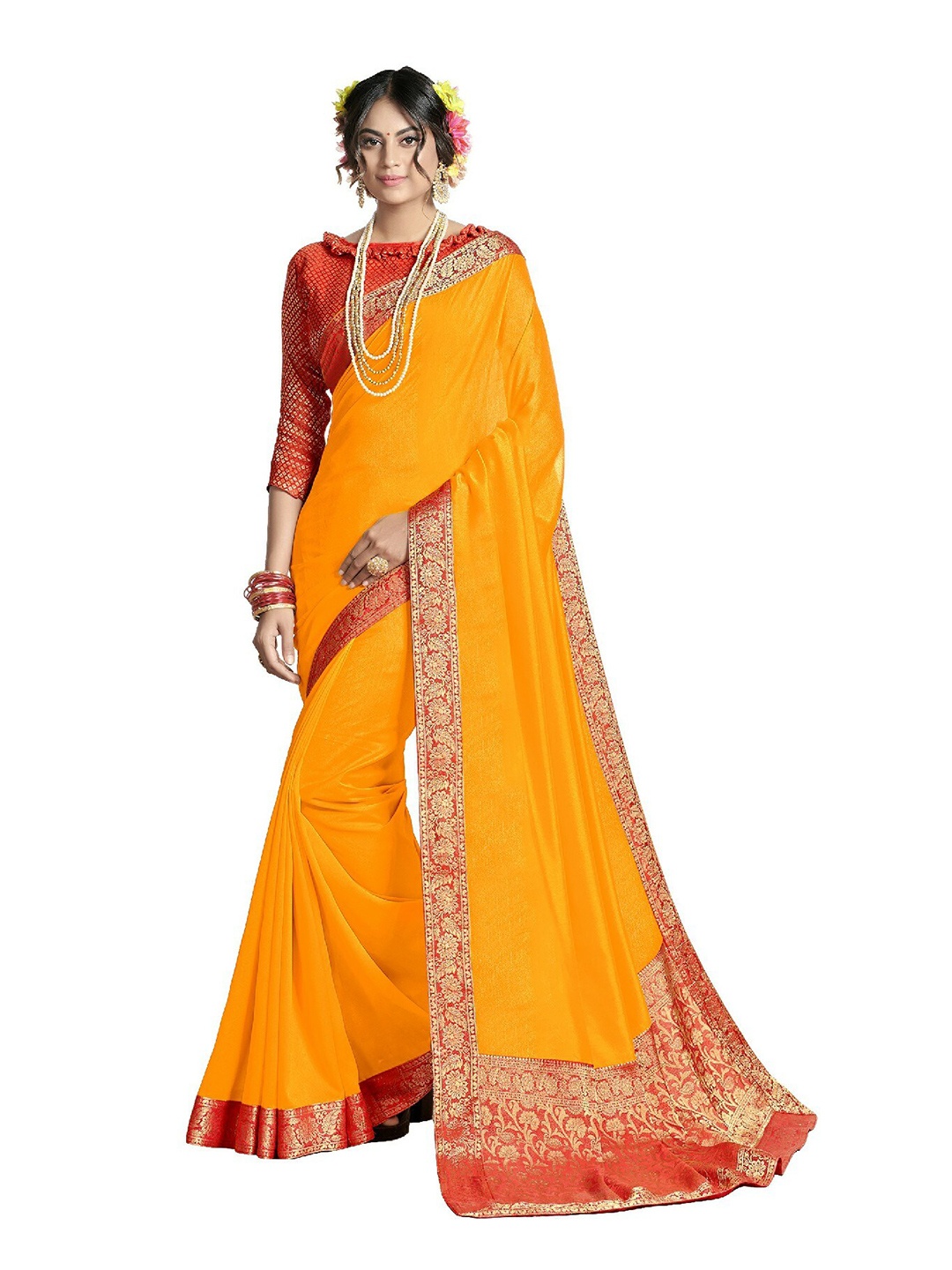 

UNITED LIBERTY Orange & Red Zari Art Silk Block Print Saree