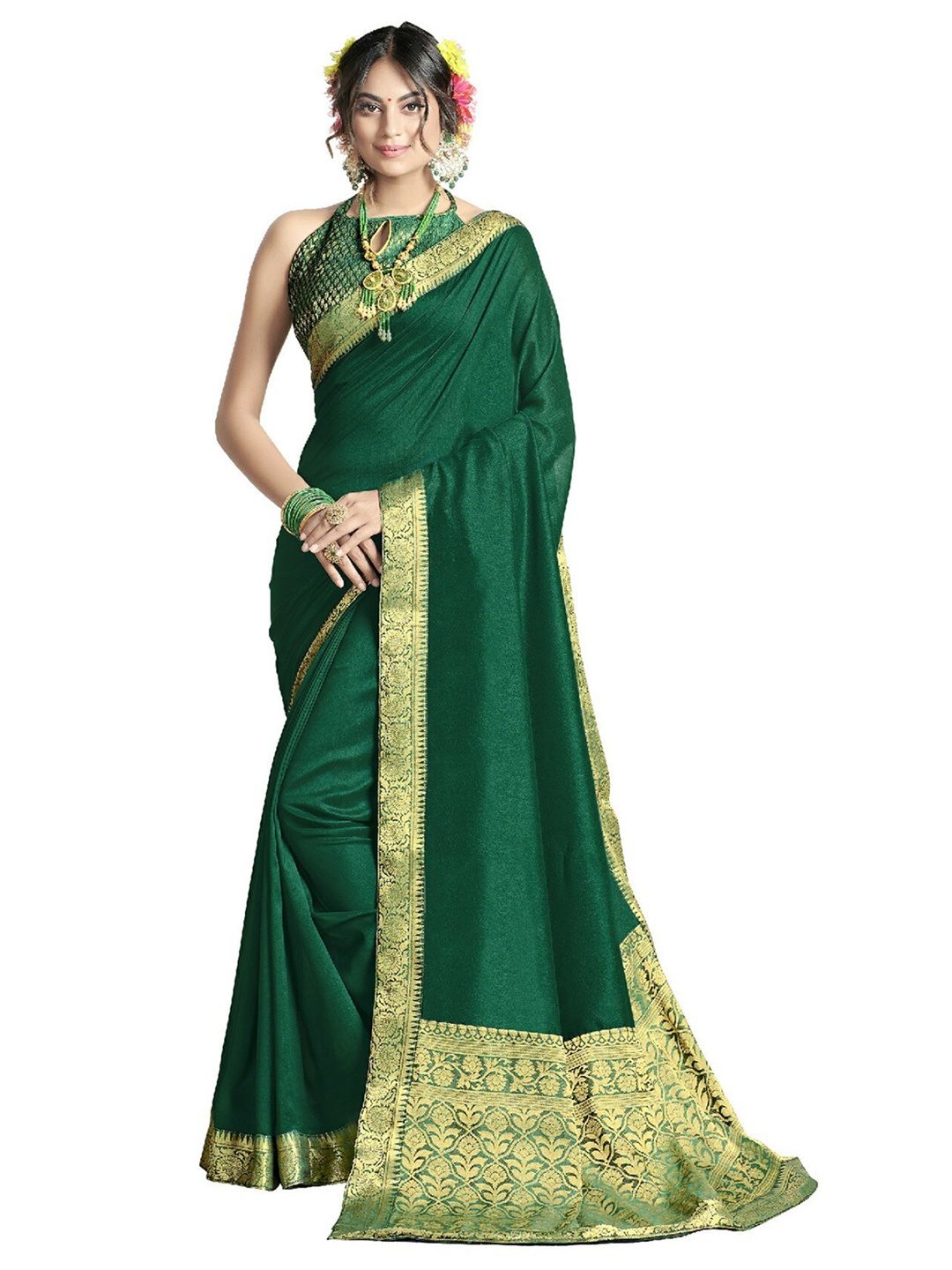 

UNITED LIBERTY Green & Gold-Toned Zari Art Silk Block Print Saree