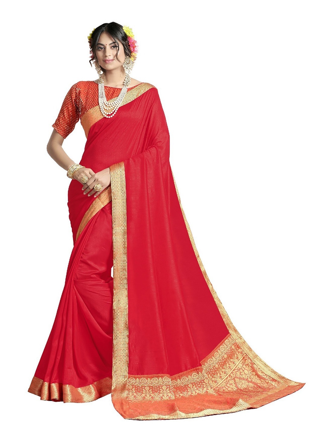 

UNITED LIBERTY Red & Gold-Toned Zari Art Silk Saree