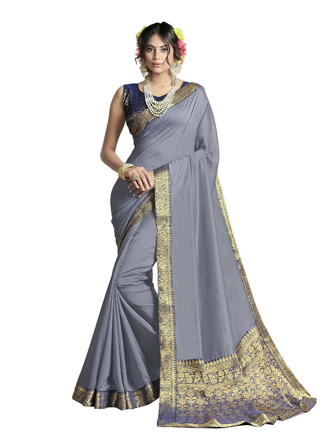 

UNITED LIBERTY Grey & Gold-Toned Art Silk Block Print Saree