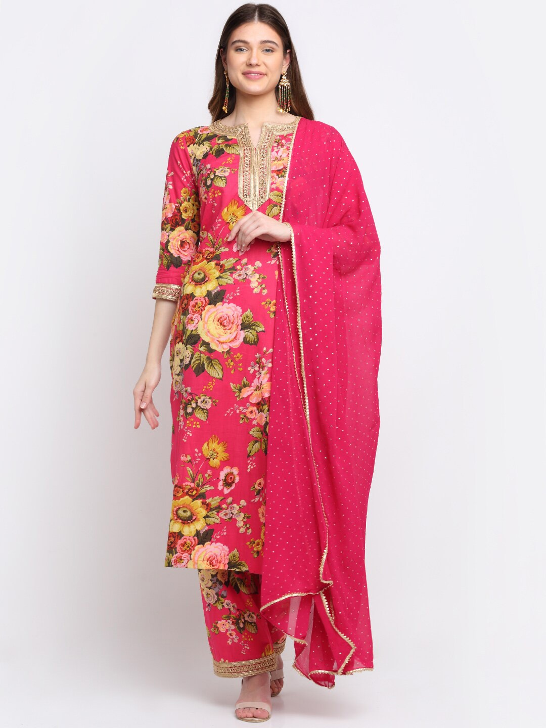 

anokherang Women Fuchsia Floral Printed Pure Cotton Kurta with Palazzos & With Dupatta