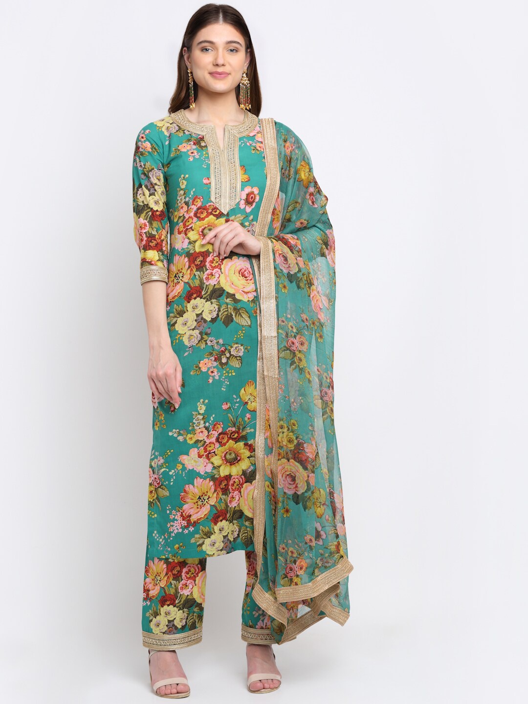 

anokherang Women Green Floral Printed Pure Cotton Kurta with Trousers & With Dupatta