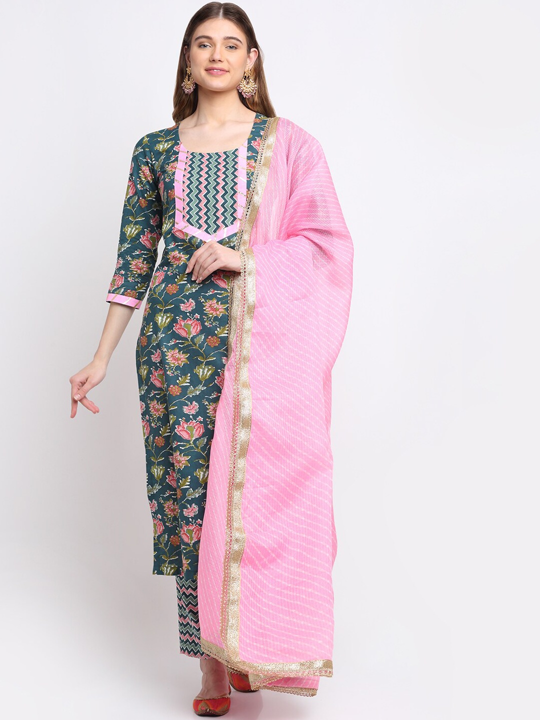 

anokherang Women Teal Floral Printed Pure Cotton Kurta with Trousers & With Dupatta