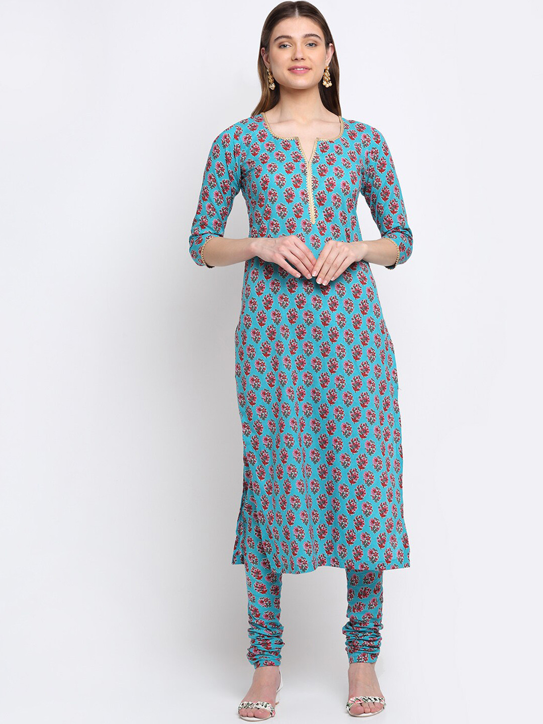 

anokherang Women Blue Floral Printed Pure Cotton Kurta with Churidar