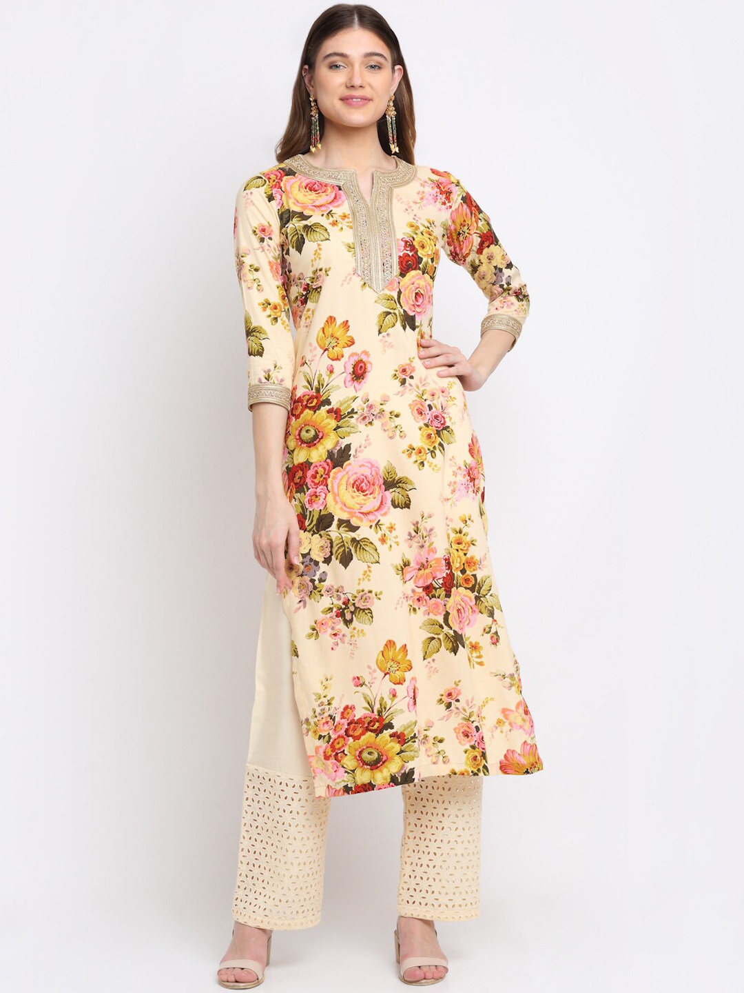 

anokherang Women Beige Floral Printed Pure Cotton Kurta with Palazzos