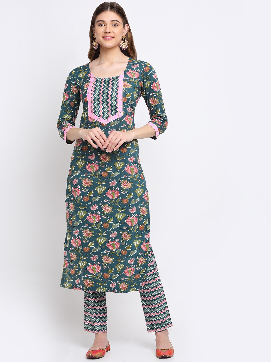 

anokherang Women Teal Floral Printed Pure Cotton Kurti with Trousers