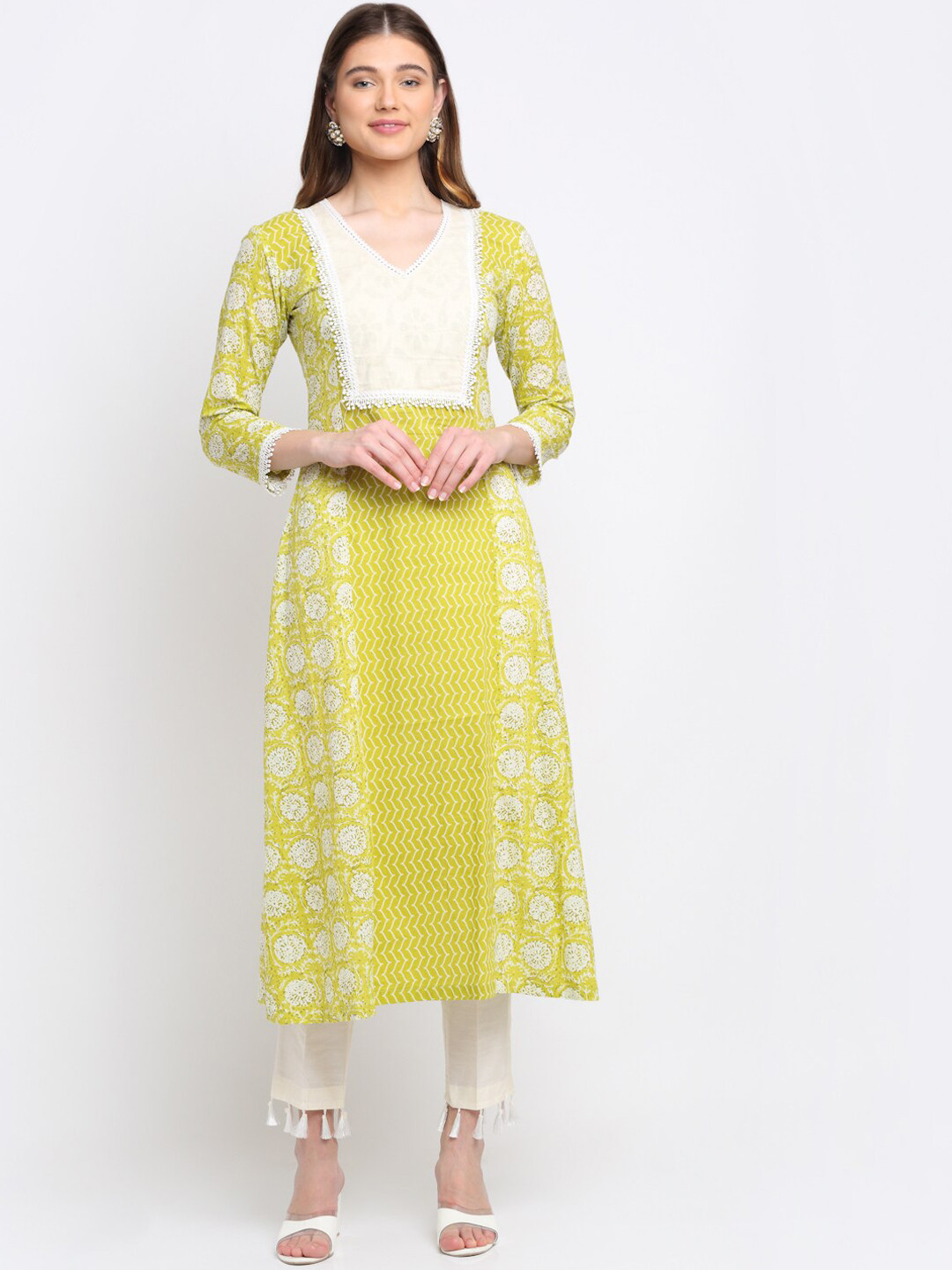 

anokherang Women Lime Green Ethnic Motifs Printed Pure Cotton Kurti with Trousers