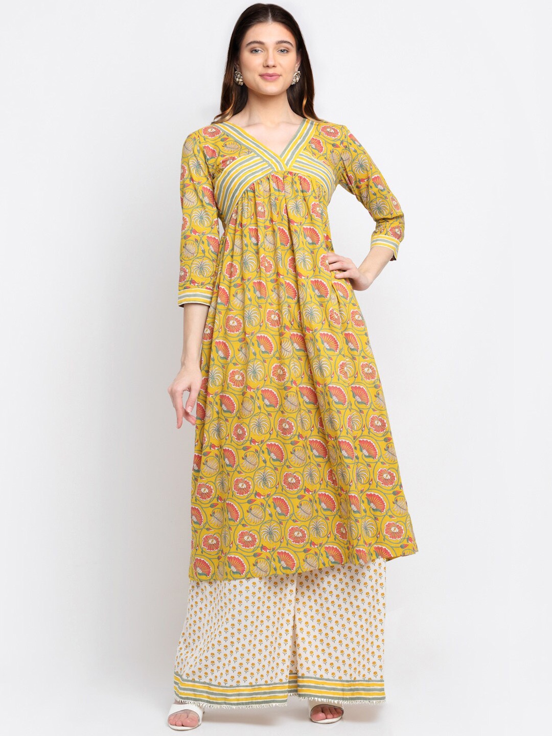

anokherang Women Mustard Yellow Floral Printed Pure Cotton Kurta with Palazzos