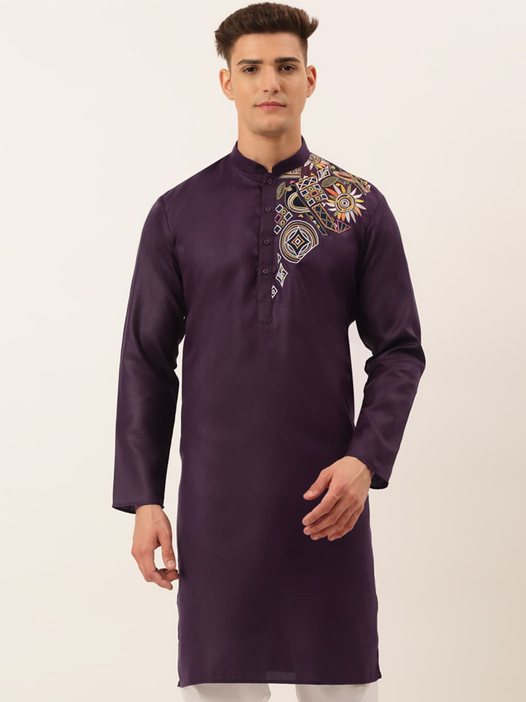 

Jompers Men Purple & White Thread Work Pure Cotton Kurta