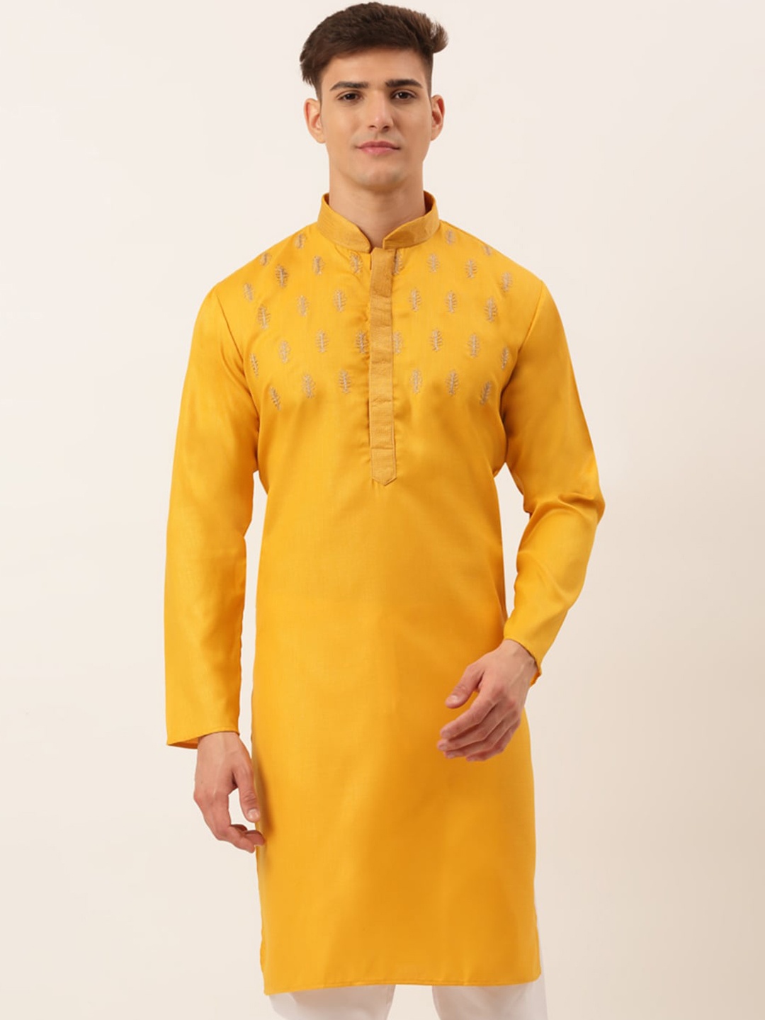 

Jompers Men Mustard Yellow Thread Work Kurta