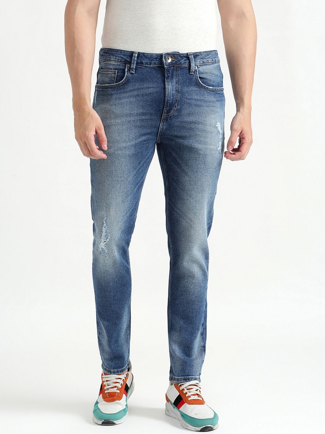 

United Colors of Benetton Men Blue Low Distress Heavy Fade Jeans