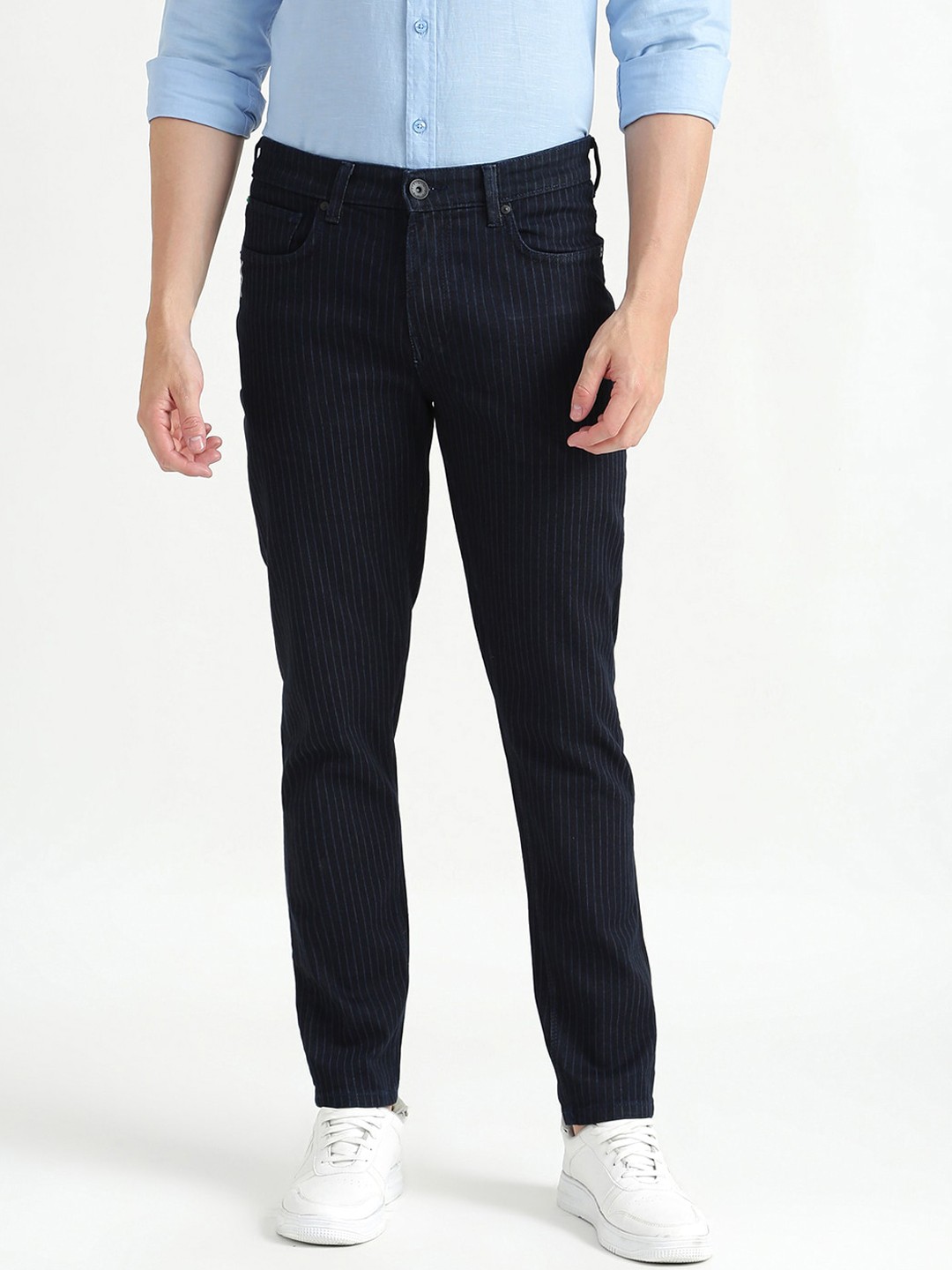 

United Colors of Benetton Men Navy Blue Striped Slim Fit Jeans
