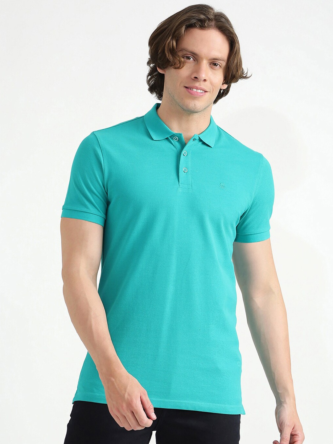 

United Colors of Benetton Men Green Polo Collar T-shirt