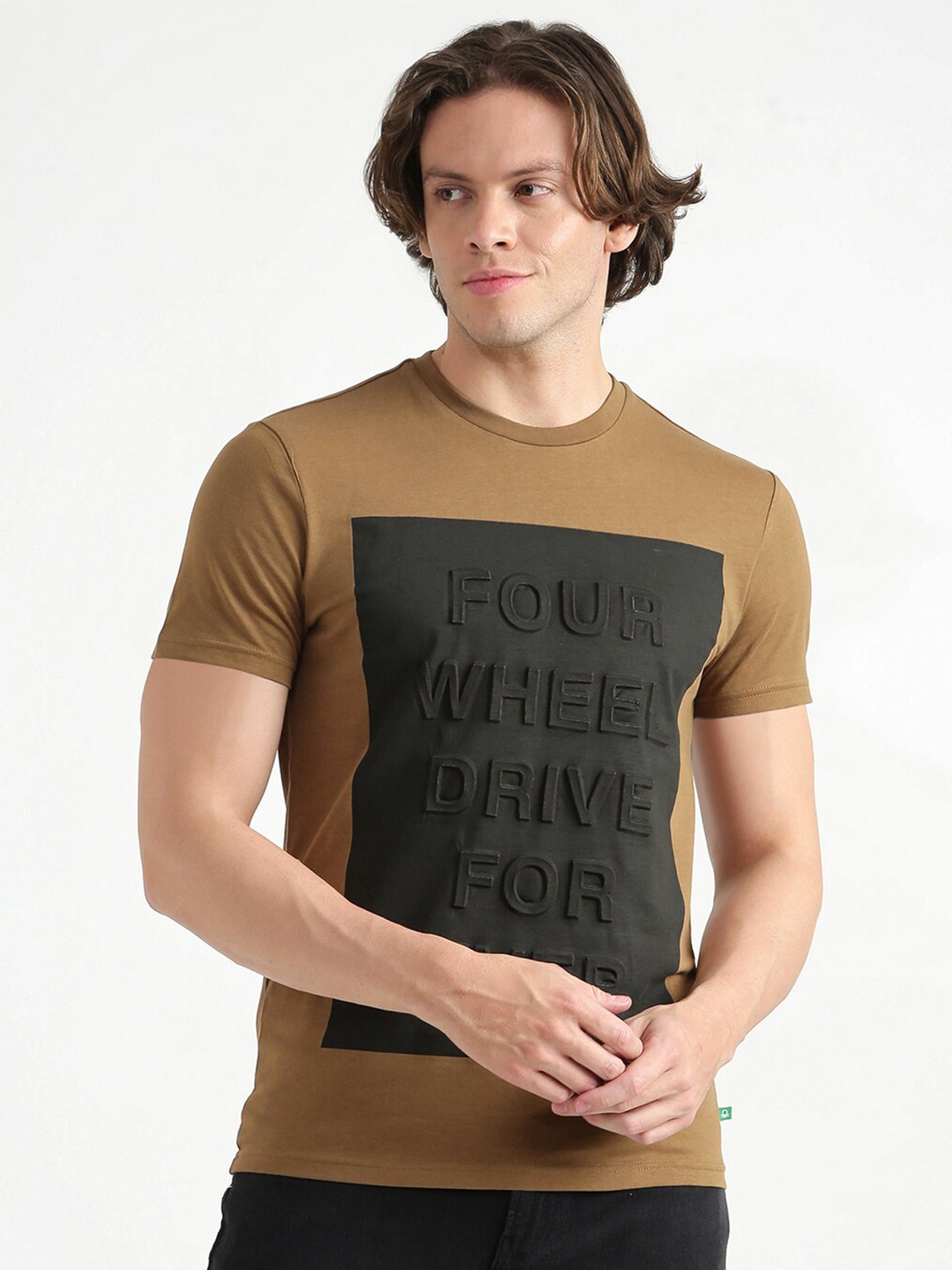 

United Colors of Benetton Men Brown & Black Self Design Cotton T-shirt