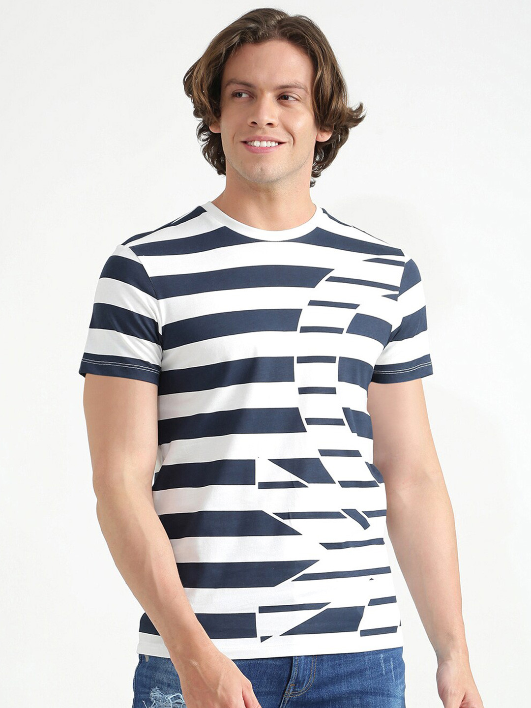 

United Colors of Benetton Men White & Navy Blue Striped Pure Cotton T-shirt