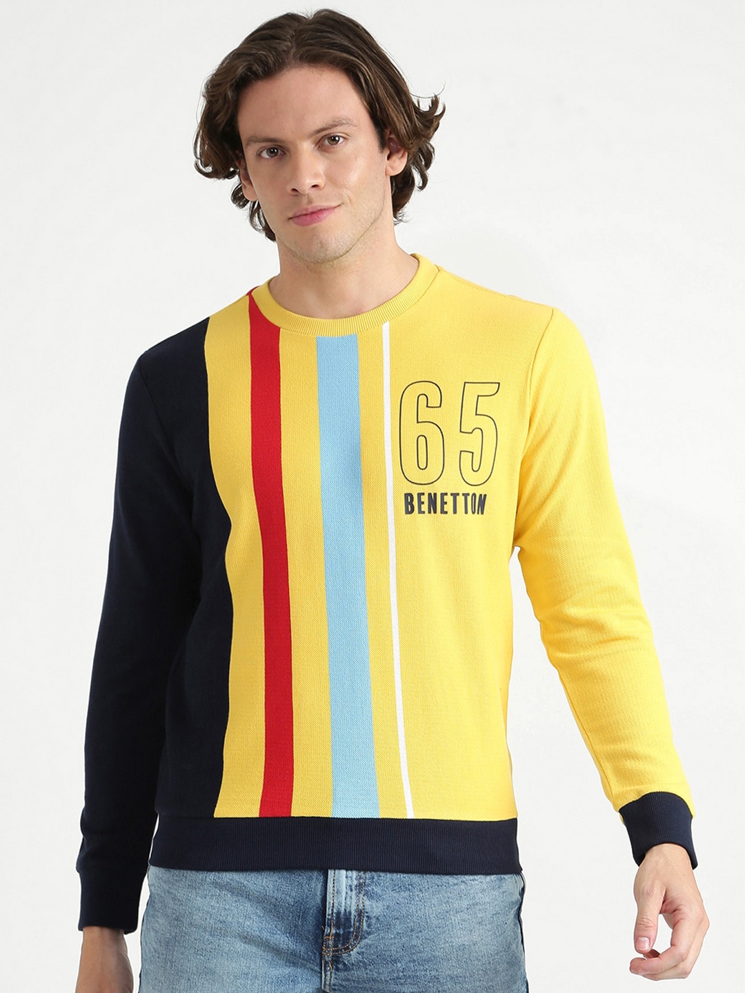 

United Colors of Benetton Men Yellow & Black Typography Striped Pure Cotton T-shirt