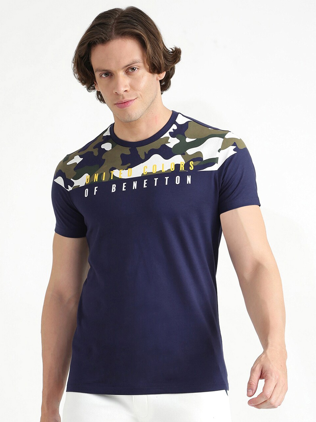 

United Colors of Benetton Men Navy Blue & Green Printed Cotton T-shirt