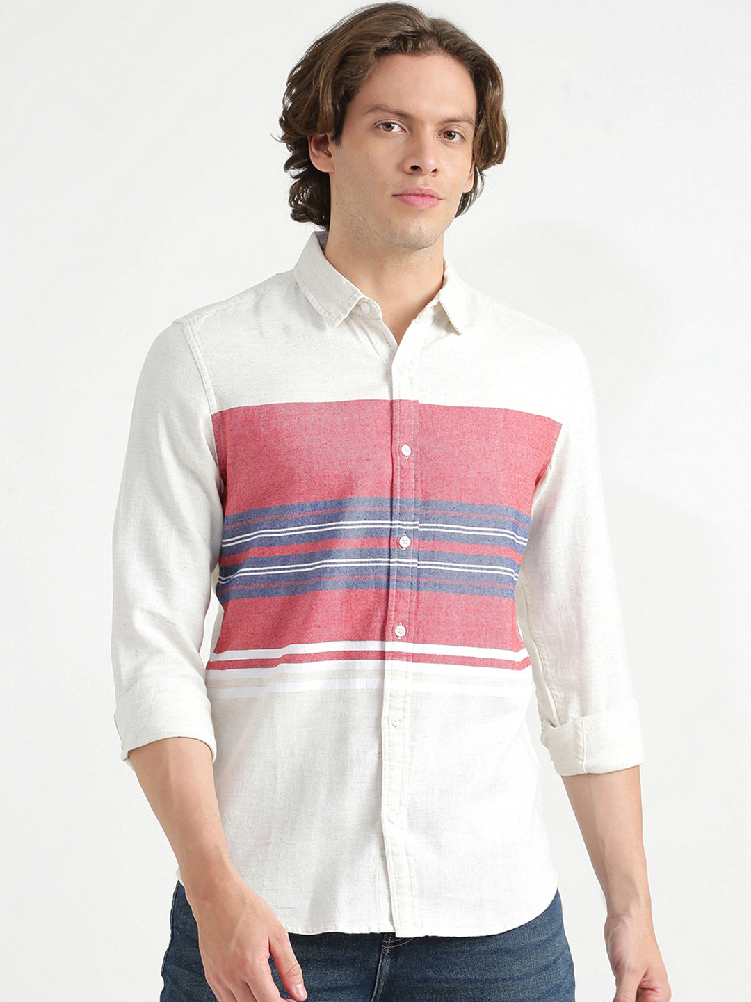 

United Colors of Benetton Men White Slim Fit Striped Cotton Casual Shirt