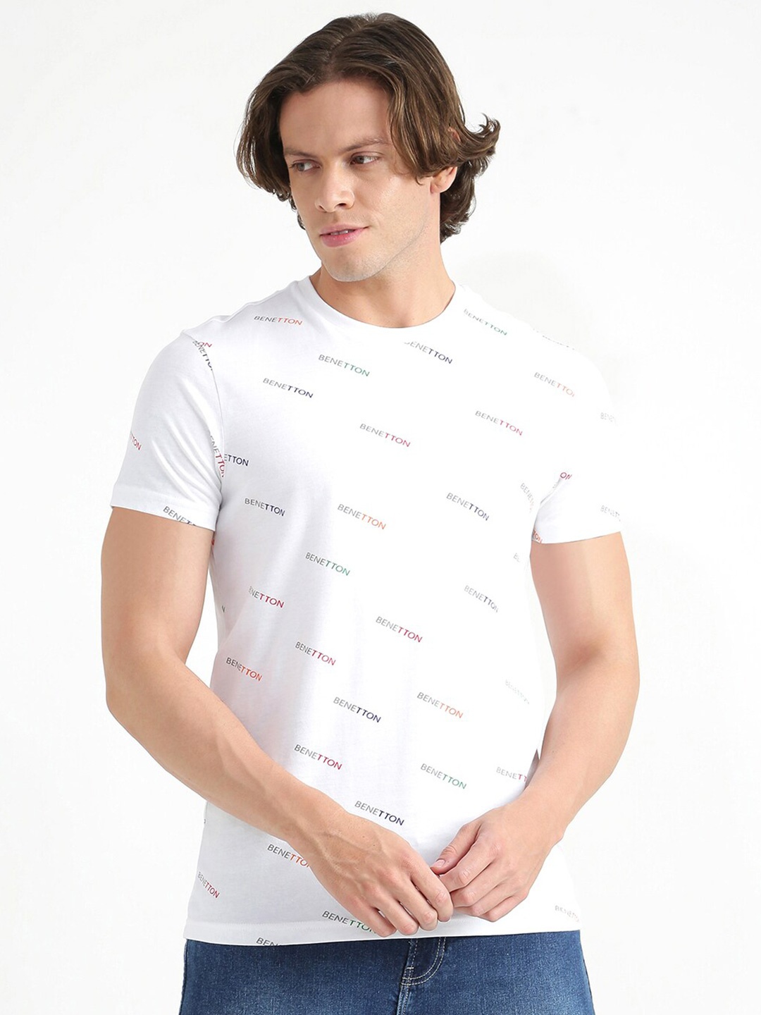 

United Colors of Benetton Men White Typography Printed Pure Cotton T-shirt