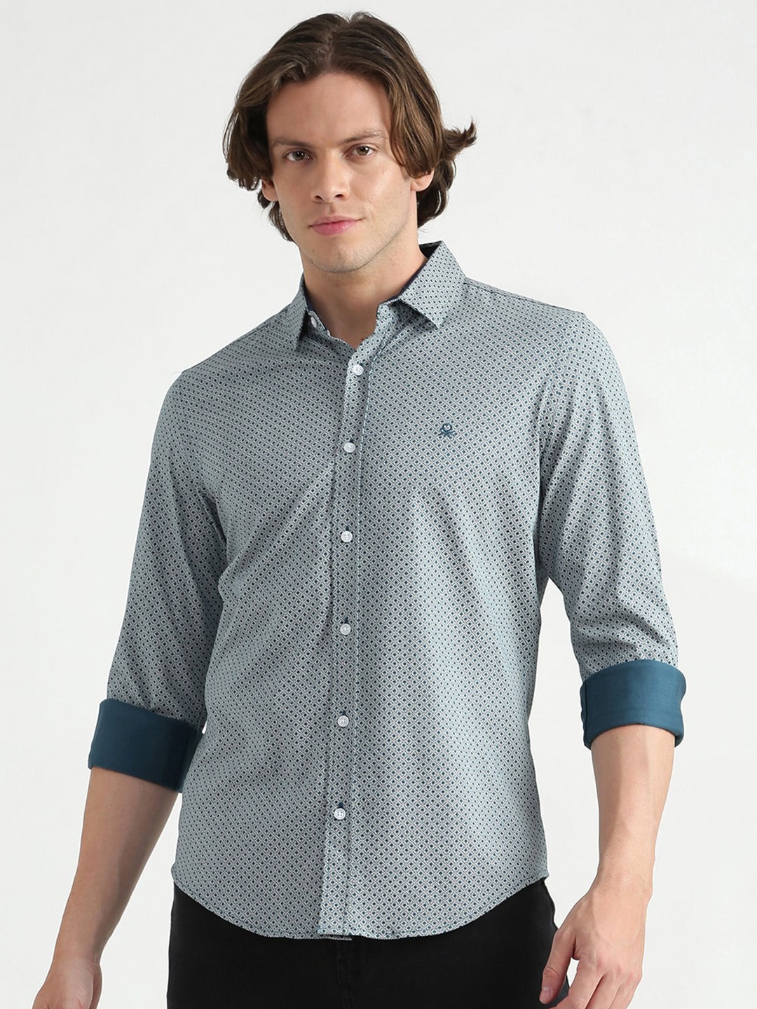 

United Colors of Benetton Men Teal Slim Fit Printed Pure Cotton Casual Shirt