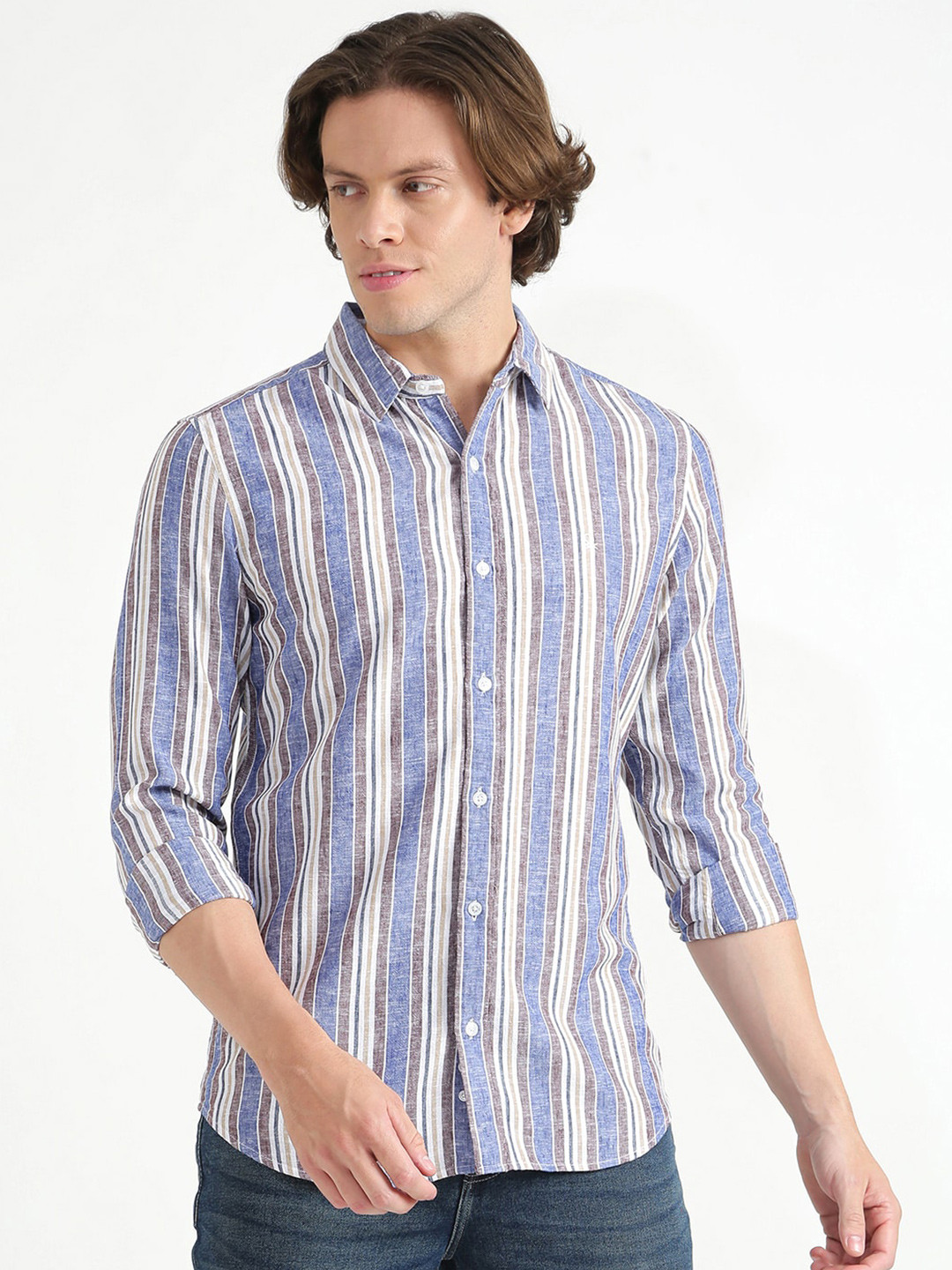 

United Colors of Benetton Men Blue & White Slim Fit Striped Casual Shirt