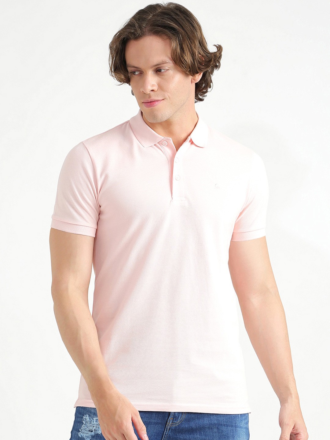 

United Colors of Benetton Men Pink Solid Polo Collar Cotton T-shirt