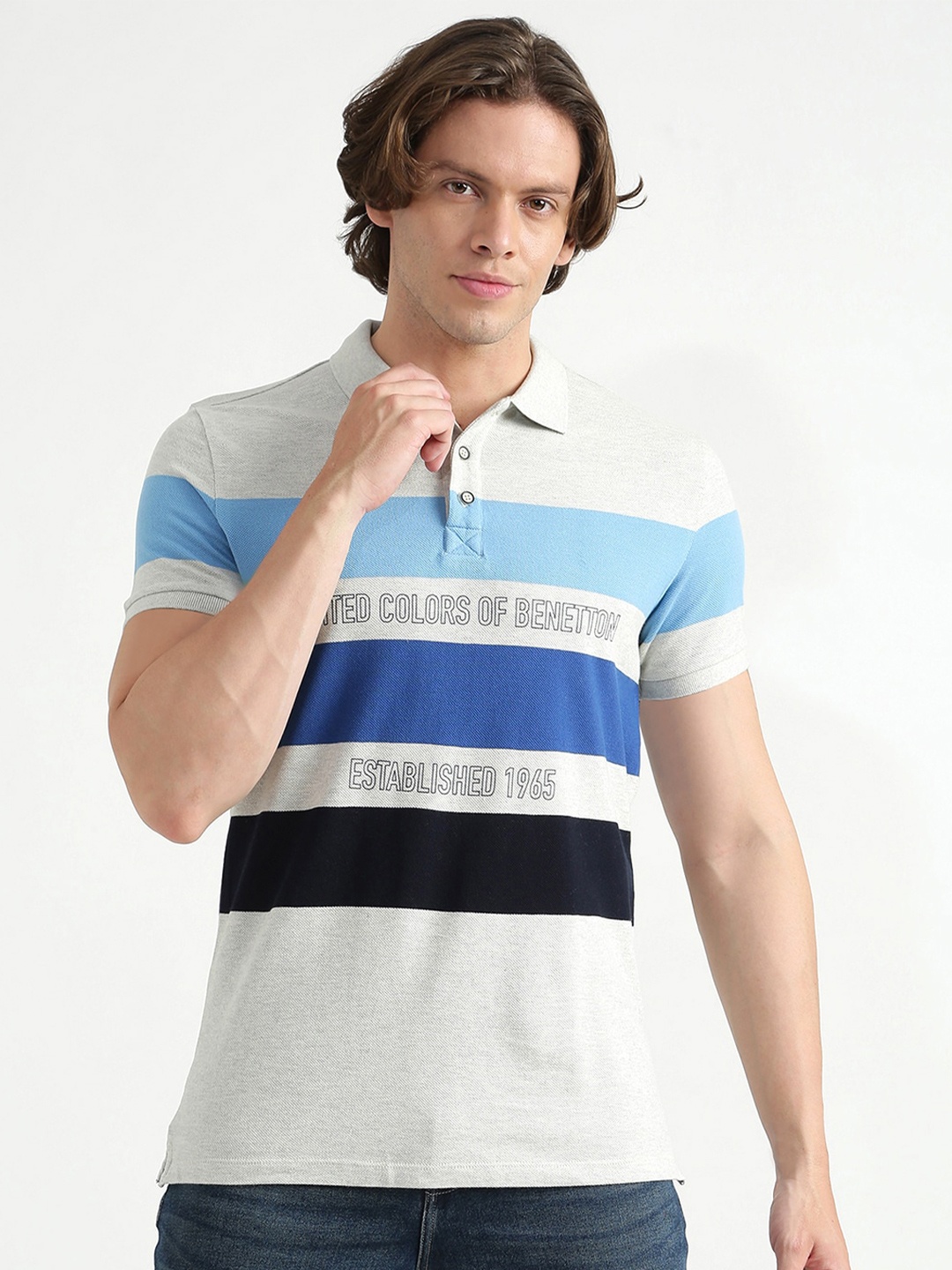 

United Colors of Benetton Men Grey Striped Polo Collar Pure Cotton T-shirt