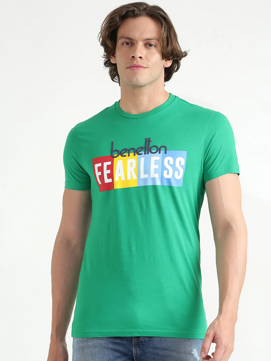 

United Colors of Benetton Men Green Typography Printed Pure Cotton T-shirt