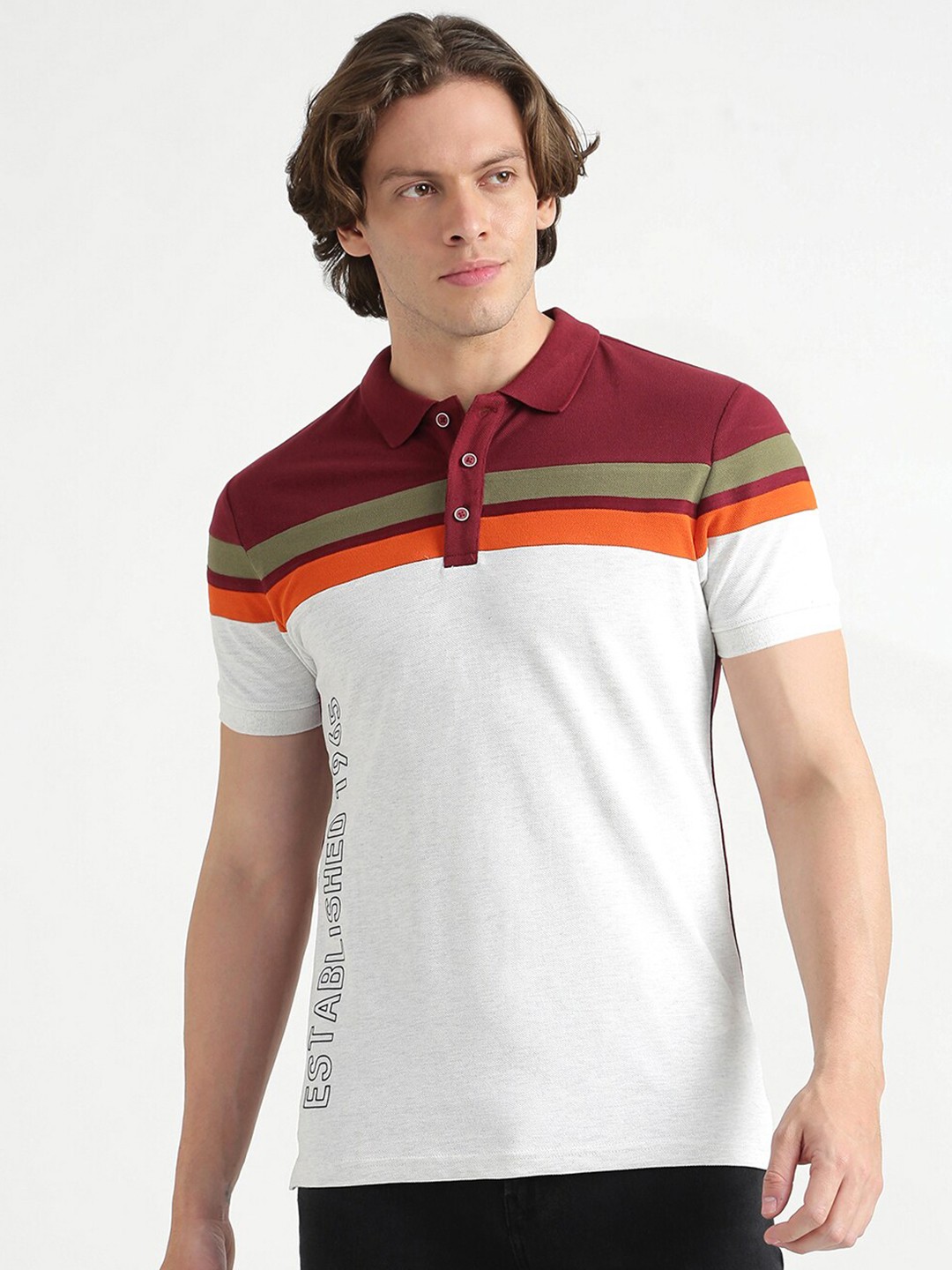 

United Colors of Benetton Men Off White & Maroon Colourblocked Polo Collar T-shirt