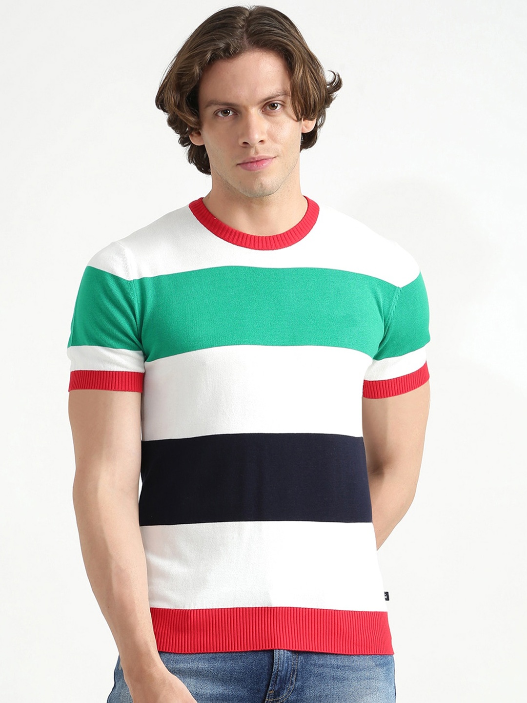 

United Colors of Benetton Men White & Green Striped Pure Cotton T-shirt