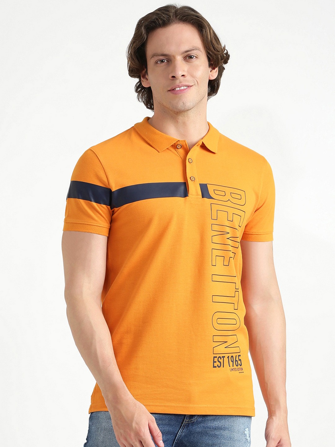 

United Colors of Benetton Men Orange Typography Printed Polo Collar Cotton T-shirt