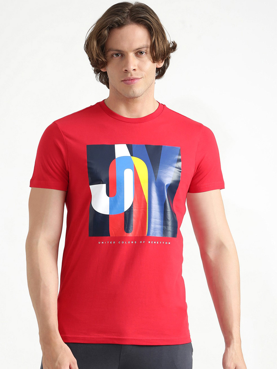 

United Colors of Benetton Men Red Graphic Printed Pure Cotton T-shirt