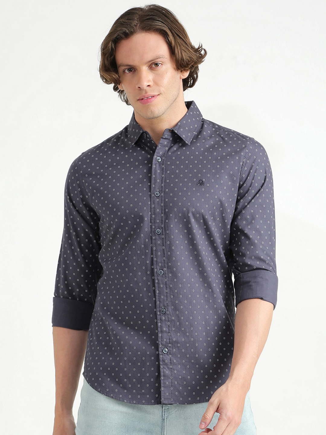 

United Colors of Benetton Men Grey Slim Fit Printed Casual Shirt