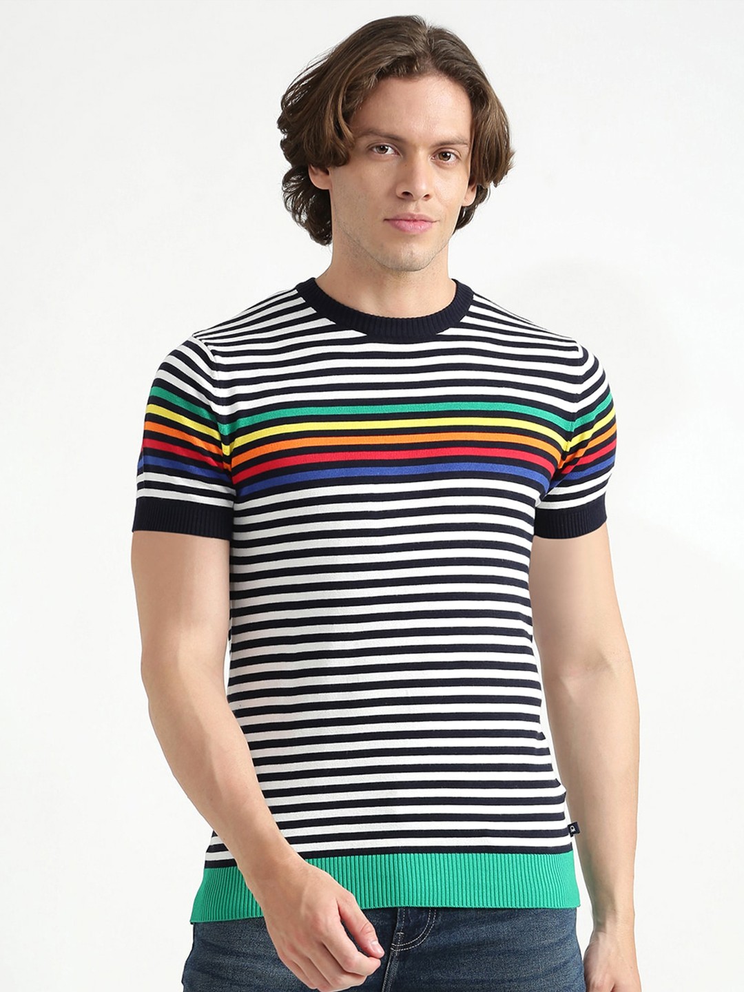 

United Colors of Benetton Men White & Black Striped Pure Cotton T-shirt
