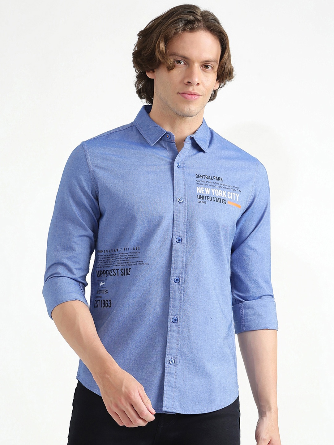 

United Colors of Benetton Men Blue Slim Fit Printed Pure Cotton Casual Shirt