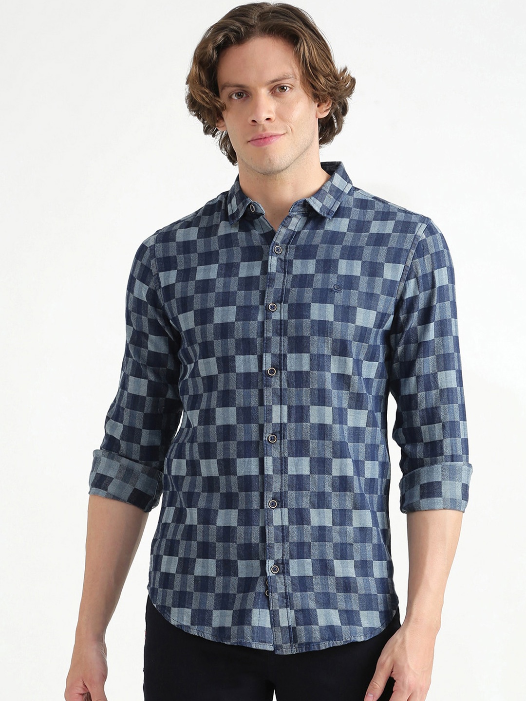 

United Colors of Benetton Men Navy Blue Slim Fit Checked Cotton Casual Shirt
