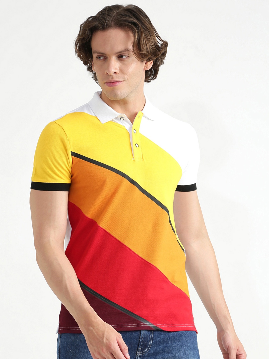 

United Colors of Benetton Men Yellow & White Colourblocked Polo Collar T-shirt