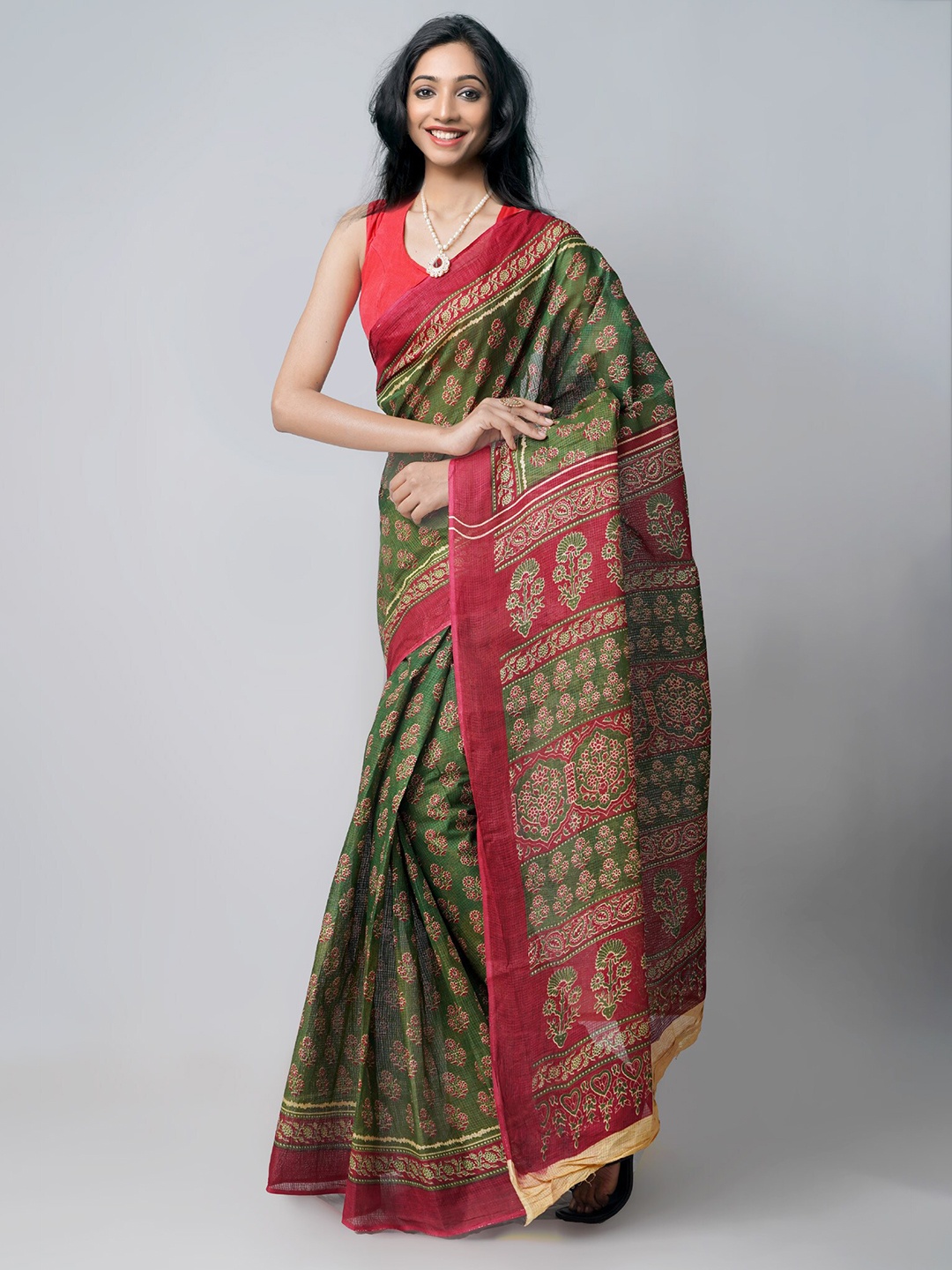 

Unnati Silks Green & Red Floral Pure Cotton Kota Saree