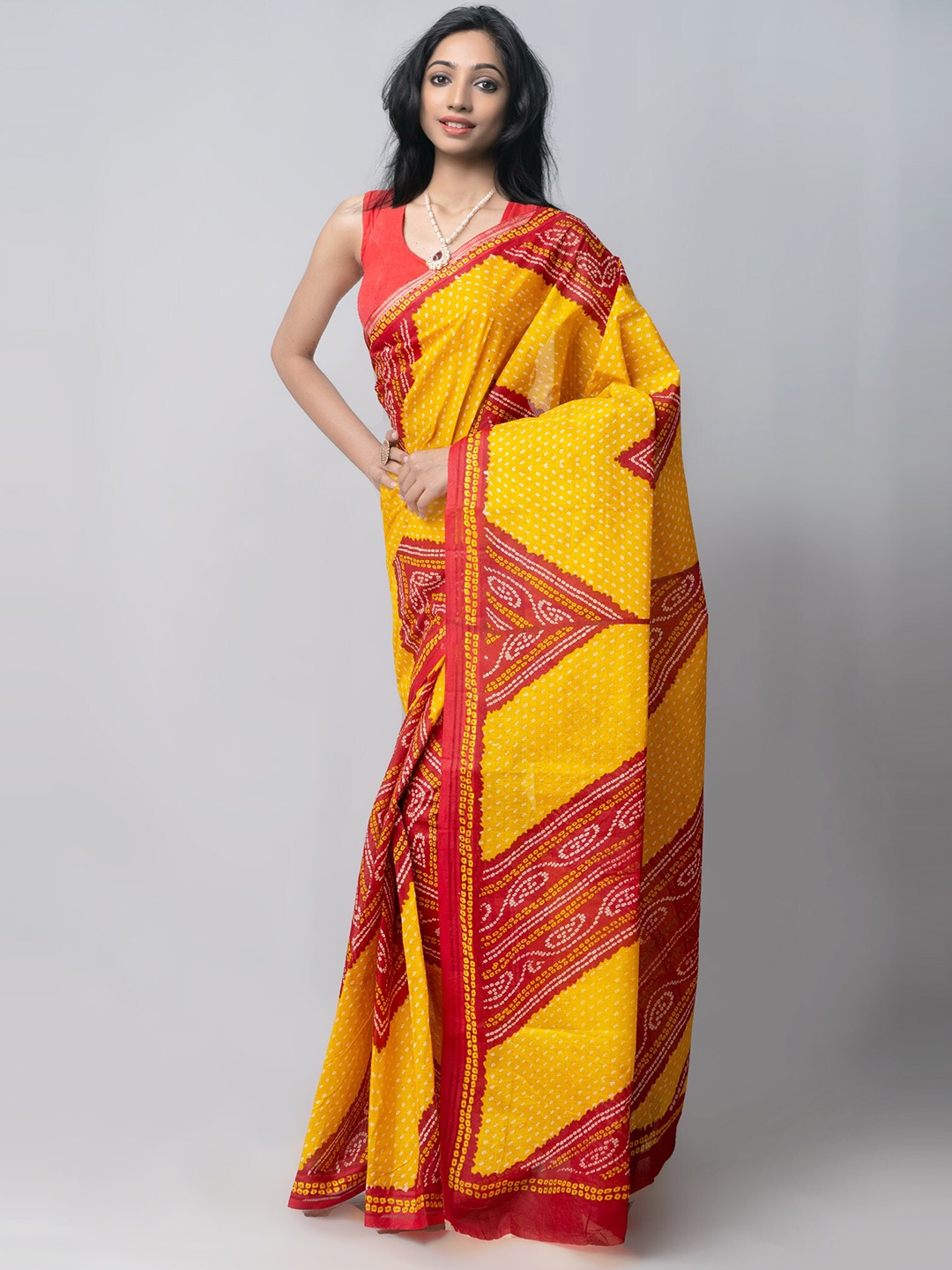 

Unnati Silks Yellow & Red Bandhani Handloom Sustainable Pure Cotton Kota Saree