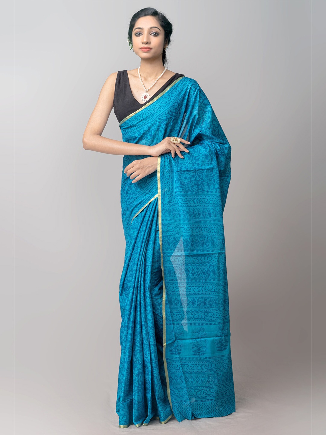 

Unnati Silks Blue & Gold-Toned Bagh Zari Pure Cotton Venkatgiri Saree