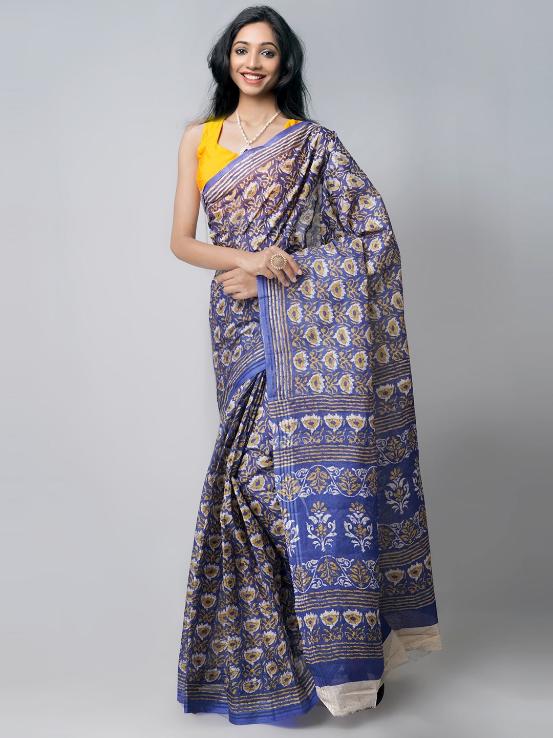 

Unnati Silks Blue & White Ethnic Motifs Handloom Sustainable Pure Cotton Kota Saree